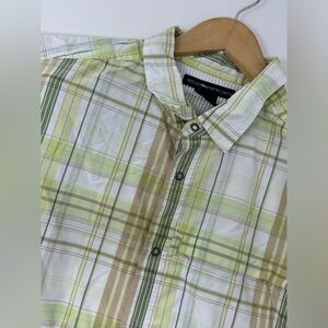 ExOfficio Men's L Yellow/Green Button Up Short Sleeve Shirt Zip Pocket Used GHV8